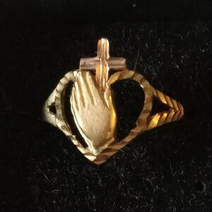 Women 14k Yellow Rose Real Gold Religious Cross Praying Hands Heart Ring sz 5.5